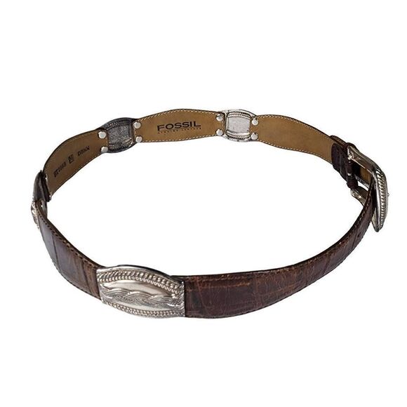 VINTAGE Fossil Etched Silver Hardware Tan Leather Belt M - Picture 3 of 12